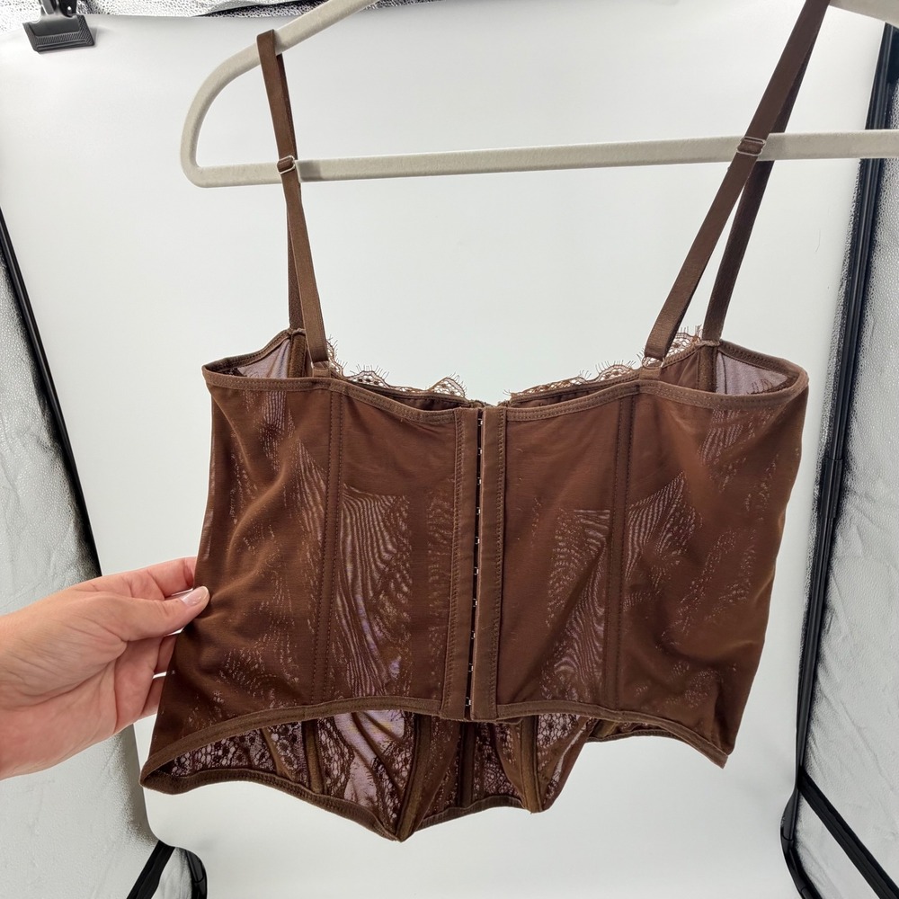 Brown Lace Mesh Underwire Corset Top Boned Bustier Hook Eye Back - Picture 2 of 4